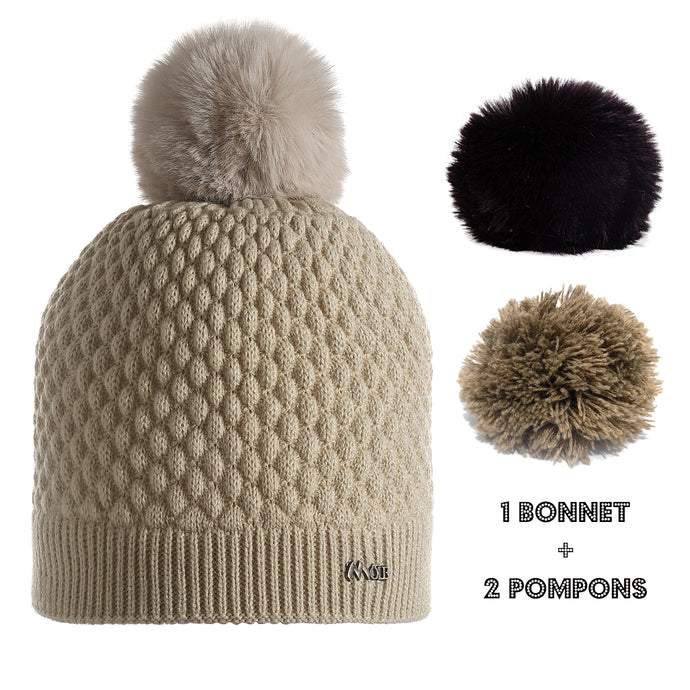 Bonnet femme pompon BH2 grosse maille double polaire hiver