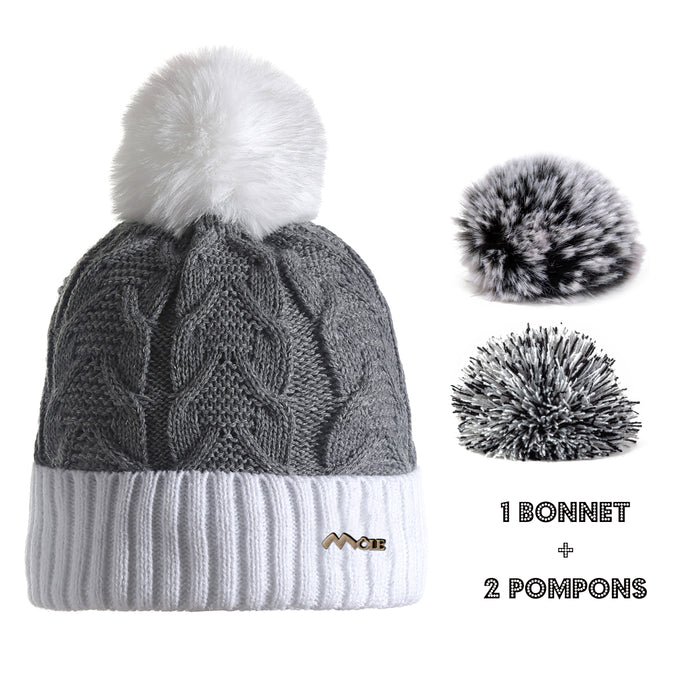 Bonnet femme pompon BH3 grosse maille double polaire hiver